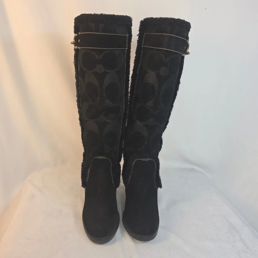 Coach Jonie Black Suede Signature Monogram Wedge Boots Womens 6.5M